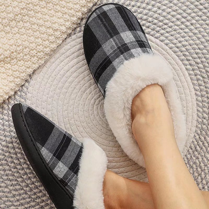 Women Slippers Soft Non-Slip Gingham Flat Home Cotton Shoes