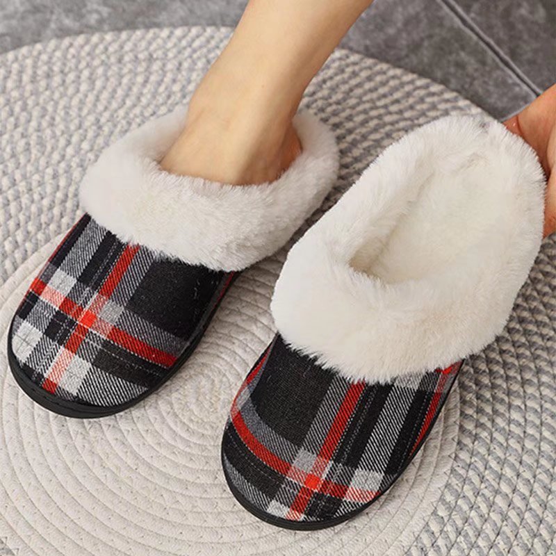 Women Slippers Soft Non-Slip Gingham Flat Home Cotton Shoes