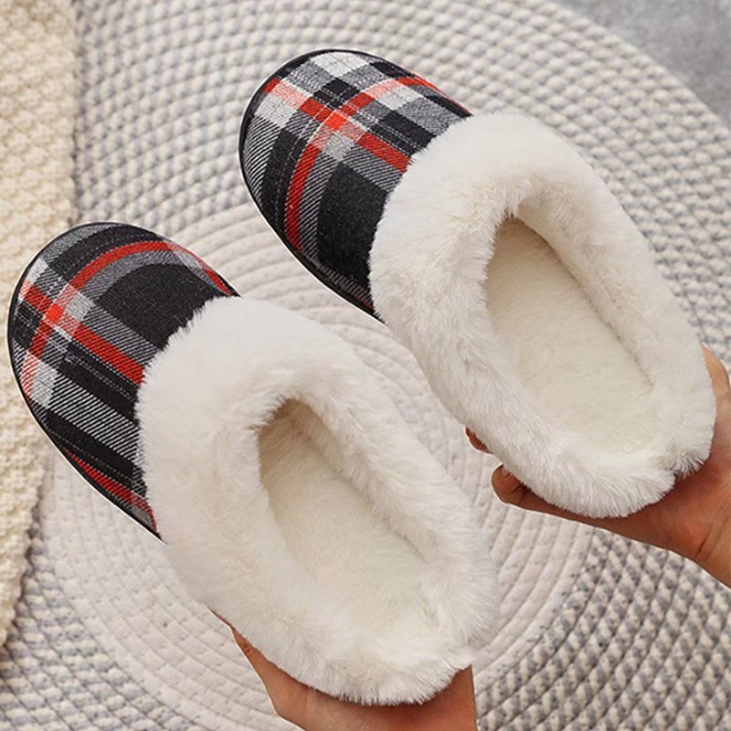 Women Slippers Soft Non-Slip Gingham Flat Home Cotton Shoes
