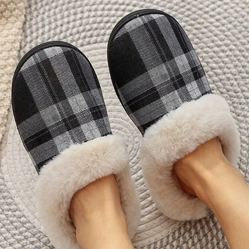 Women Slippers Soft Non-Slip Gingham Flat Home Cotton Shoes