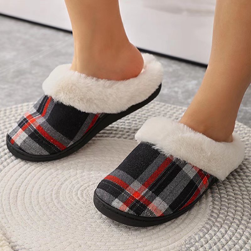 Women Slippers Soft Non-Slip Gingham Flat Home Cotton Shoes