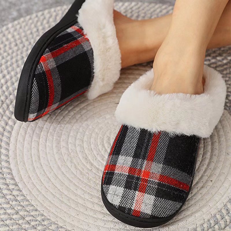 Women Slippers Soft Non-Slip Gingham Flat Home Cotton Shoes