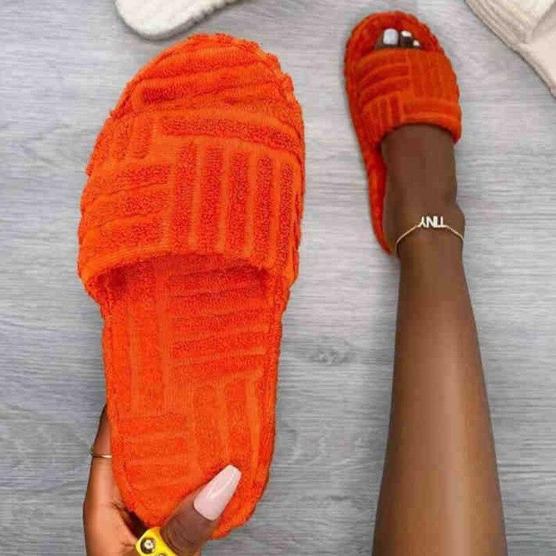 Flat Furry Women Slides Thick Sole Open Toe Slippers Orange