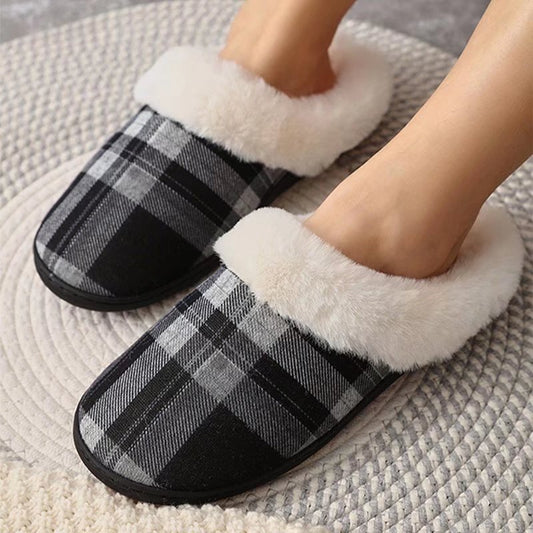 Women Slippers Soft Non-Slip Gingham Flat Home Cotton Shoes