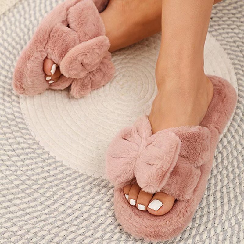 Women Slippers Winter Soft Bow Open Toe Home Cotton Shoes