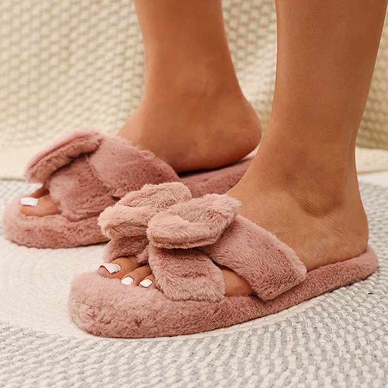 Women Slippers Winter Soft Bow Open Toe Home Cotton Shoes